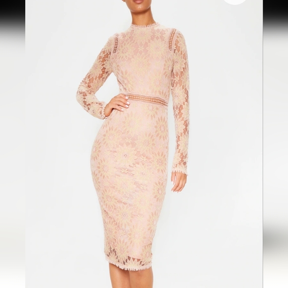 NEW- Pretty Little Things Dusty Pink Long Sleeve Lace Bodycon Dress, Size 6 - Picture 1 of 8